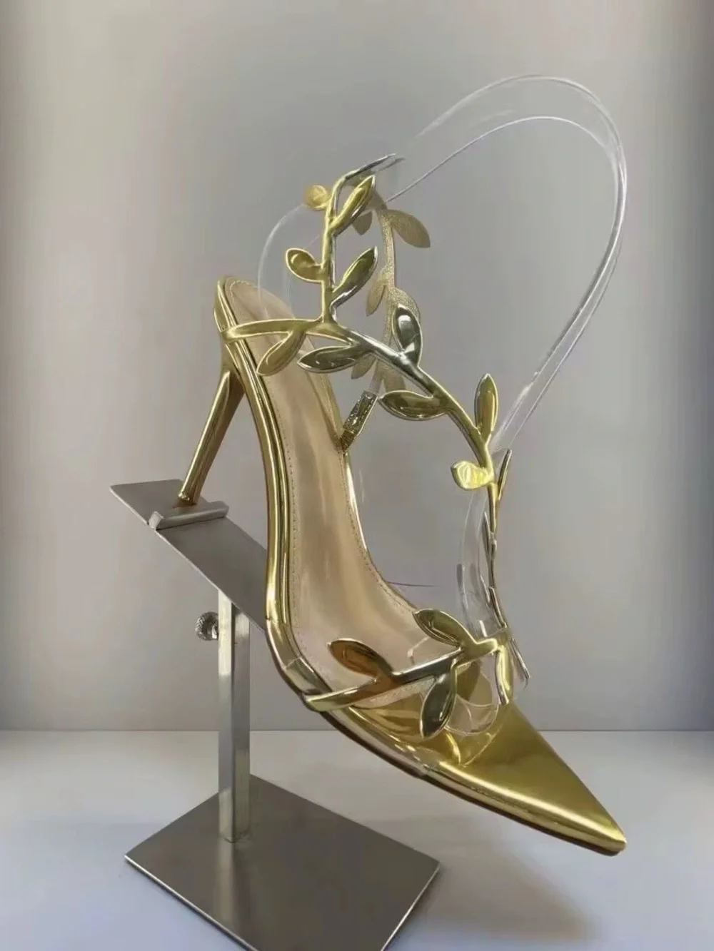 Gold Leaf Detail Clear-Strap Pointed Slingback Heels